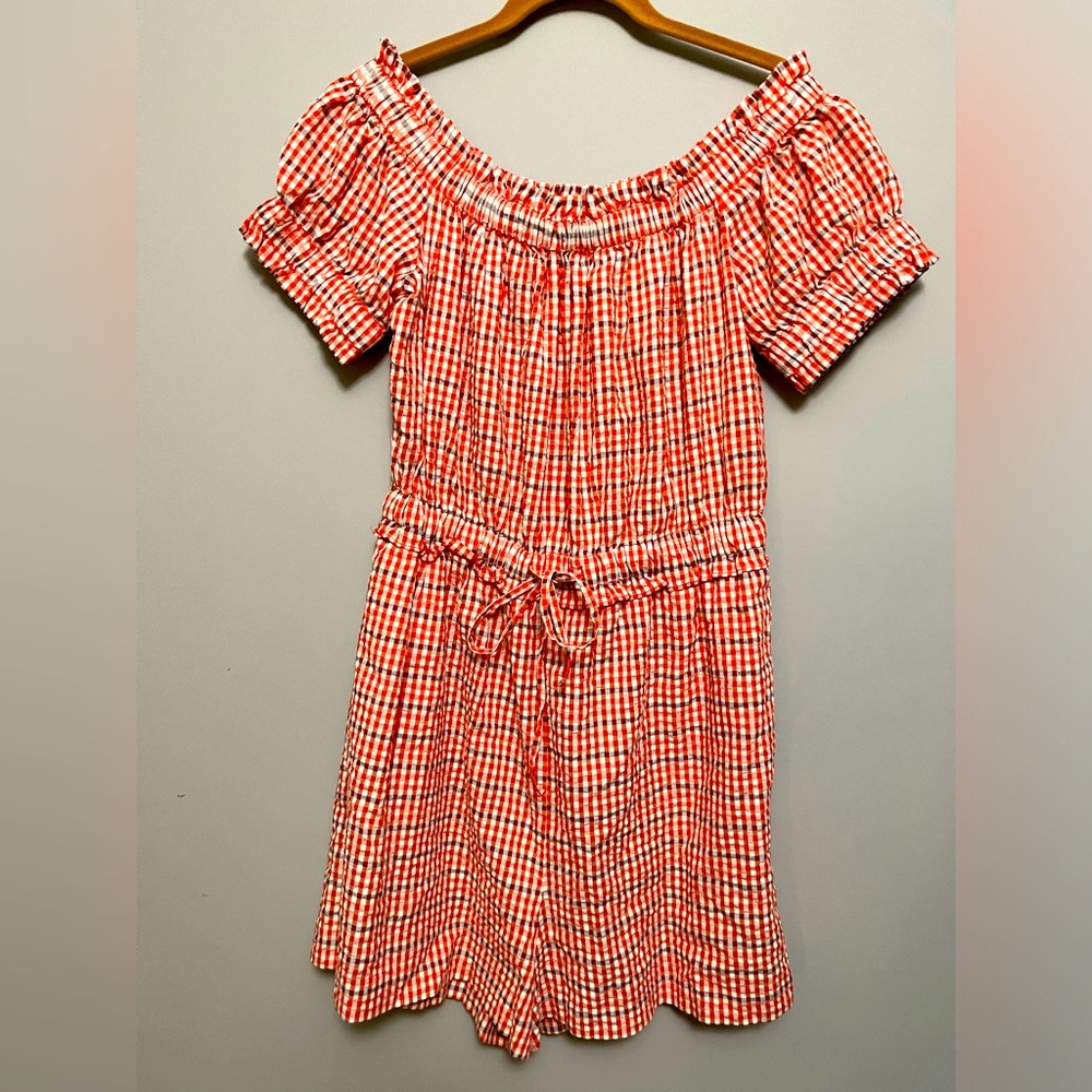 Gingham checkered boatneck romper by Anthropologie